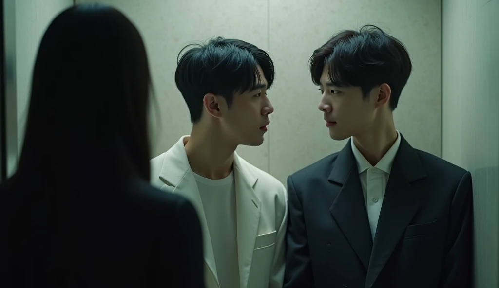 behind the shoulder of a black-haired woman, two Korean men are seen talking to each other, in the elevator, daylight, cinematic style, real photo,
