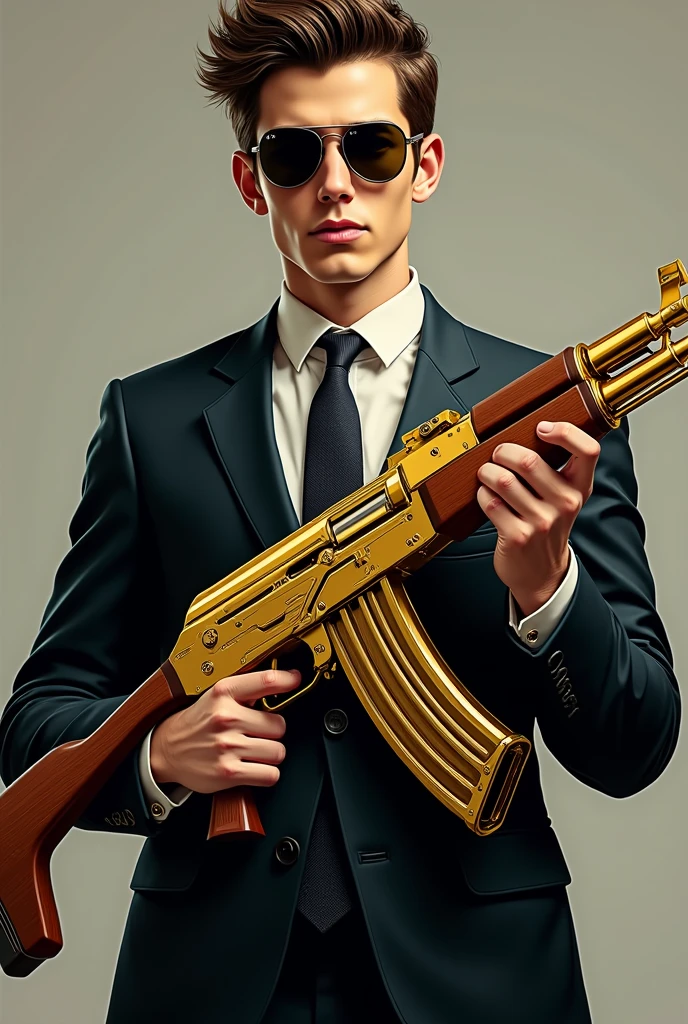 (A young man in a suit with a gold-plated AK-47 in both hands, with sunglasses and saying "proudly ing. ELECTROMECHANICAL"