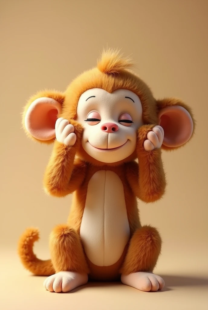 A stuffed monkey with its hands on both cheeks and its eyes closed