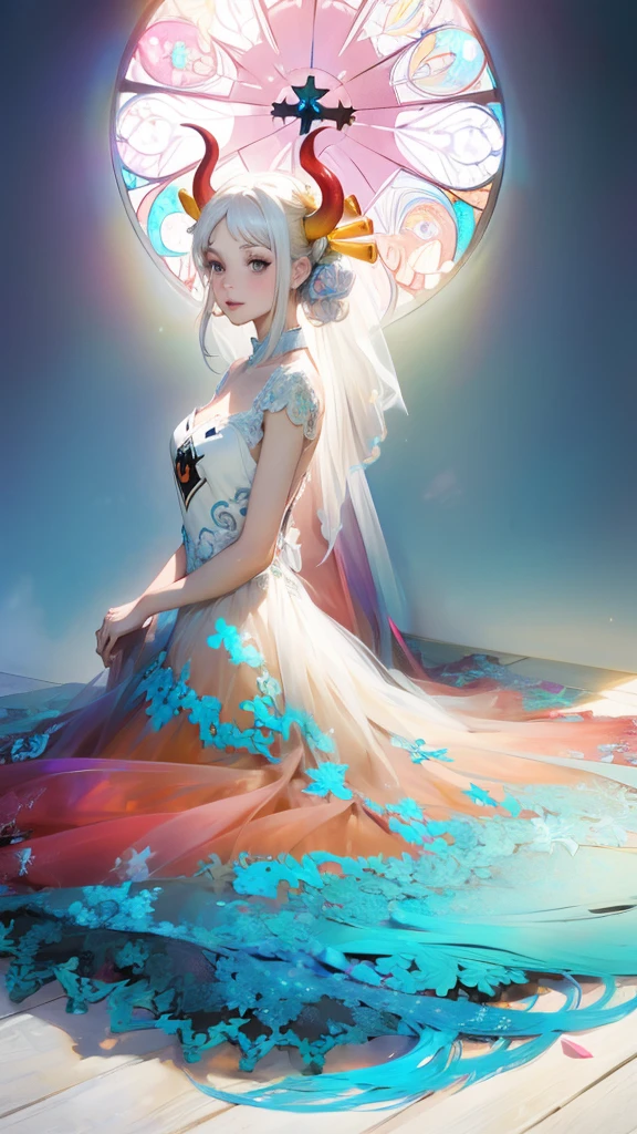 Official Art, Unity,8k wallpaper, Correct Anatomy，Very detailedな, Beautiful yet fleeting、((Two horns growing from the head))Japan、beautiful, masterpiece,((One Woman)) Highest quality,White flower, ((Large Breasts))Flower Ecstasy, Very detailed, Light blue hair、((Randomly々Angle))Dynamic Angle, ((Yamato), ((beautifulウェディングドレス))The most beautiful form of chaos, ((Slim body)).elegant, Vibrant colors,((wedding)) Romanticism, James Jean, Robbie Dawi Anton, Ross Tran, Francis Bacon, It was very cold, Petra Cortright, Gerhard Richter, takato yamamoto, Ashley Wood, Atmospheric,((smile),((Church yard))