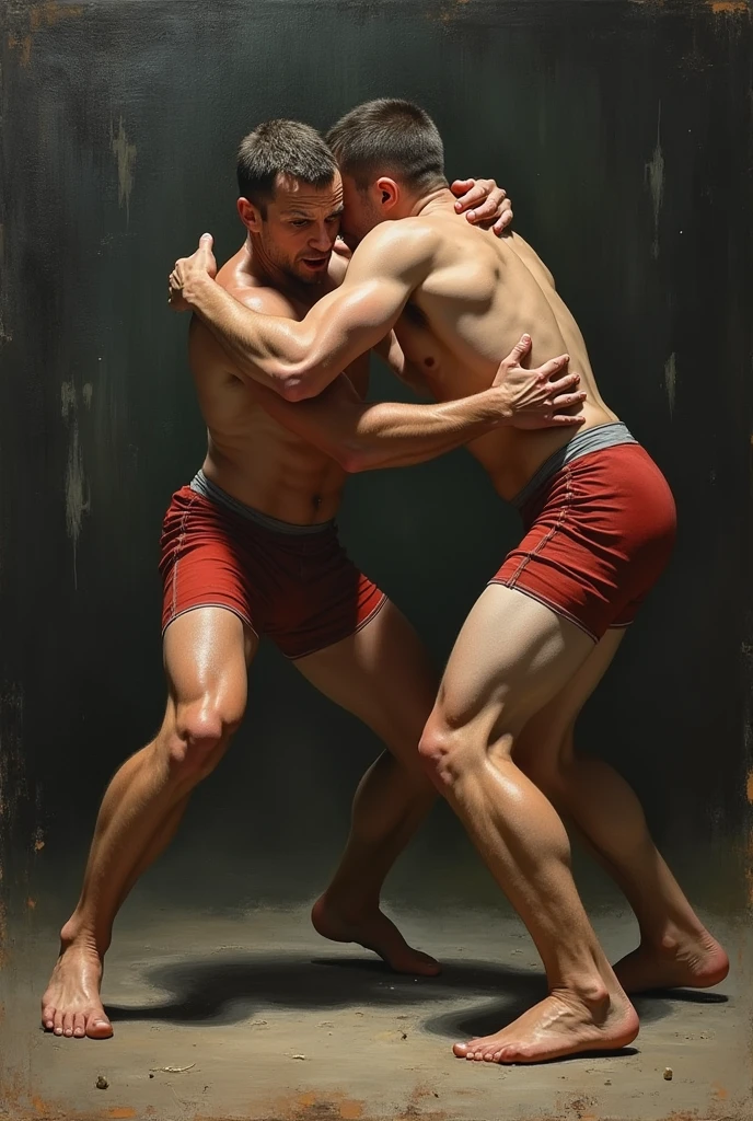 Greco-Roman wrestling painted in the style of Francis Bacon