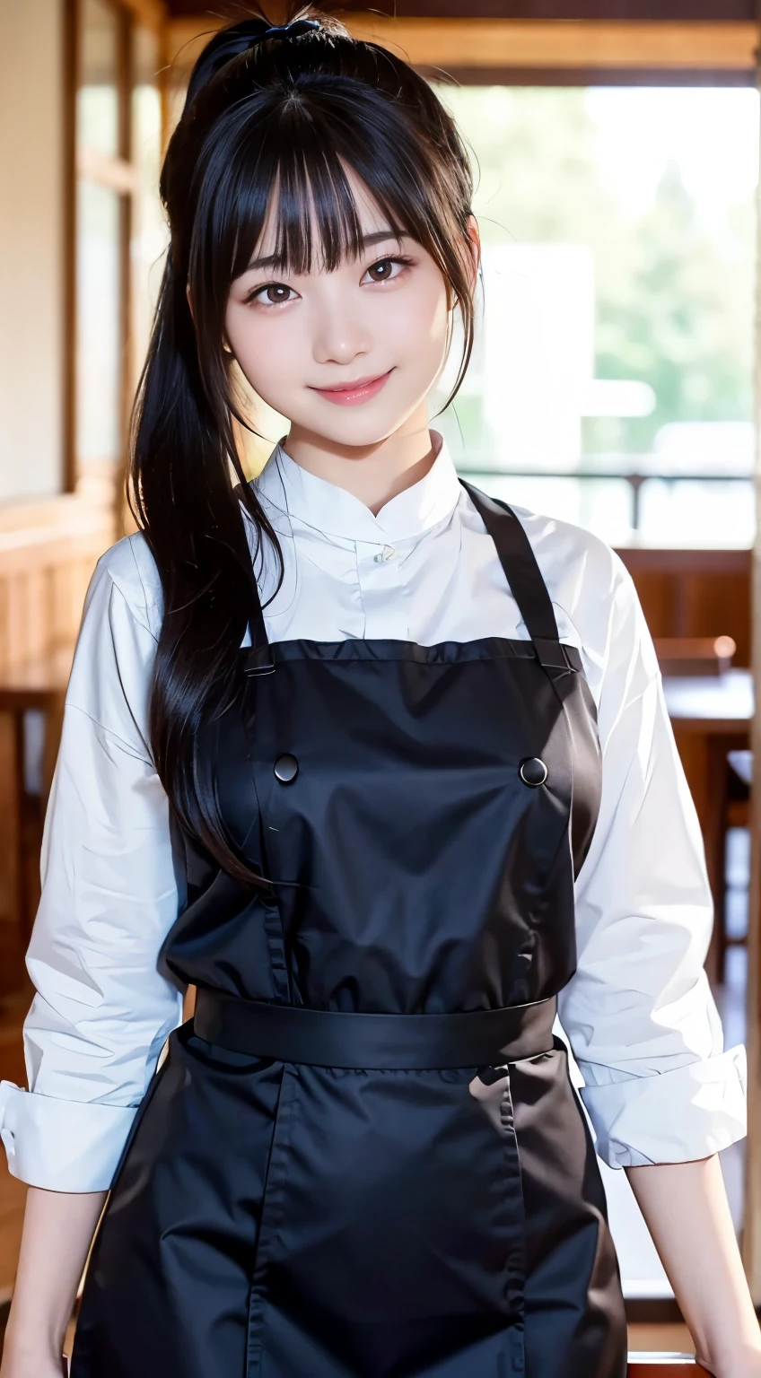 (Highest quality,masterpiece:1.3,Ultra-high resolution,),(Very detailed,Caustics),(Realistic:1.4,RAW shooting,)Ultra-Realistic Capture,Very detailed,High resolution 16K human skin closeup。 Natural skin texture、,pores、、、、It must be detailed enough to be easily identifiable。 Skin tone is even and healthy looking。 Use natural light and color,restaurant,Waitress Uniform,1 person,Japanese,18-year-old,cute,Black-haired,ponytail,Big Breasts,smile,Turn your body forward,(Front view:1.1),Looking into the camera,Cowboy Shot,