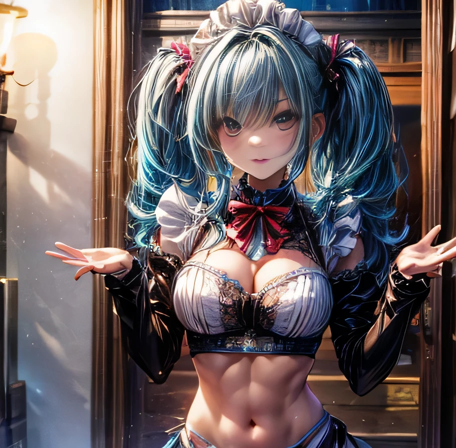 　nikke Prepati　Blue Hair　Twin tails　Sexy pose　High-class maid outfit with exposed midriff　
