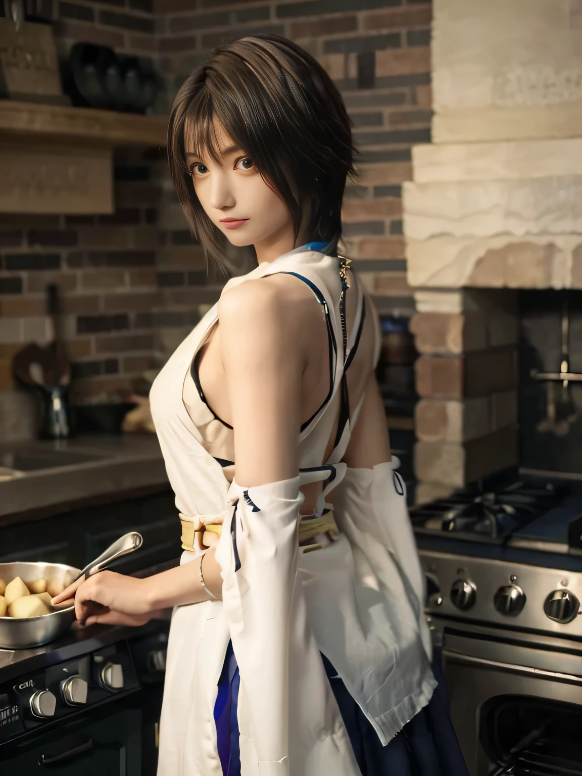 20 year old Japanese beauty，One person、Muscular body like a bodybuilder、Emphasize the breasts、Slit eyes、A head-to-toe view，Bust is very very large、The background is a medieval European kitchen、High quality photos、Clear, crisp images of the lower body、Masterpiece 8k、Ecstatic face、Peeling potatoes by the stove.、From the front, from the side, from the back, etc.々from what camera angle to shoot、FF10 Yuna's outfit