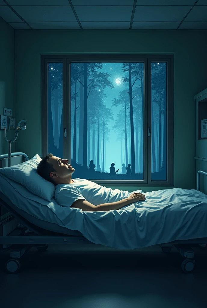 Dream-like image of a 47-year-old man in a very serious condition and in a coma due to COVID 19 and is in intensive care. He lies on a bed looking towards an infinite glass door that divides the forest. It's night and there are stars, In the forest there is a group of human silhouettes like holograms and they are kneeling praying and looking at the night sky from left to right