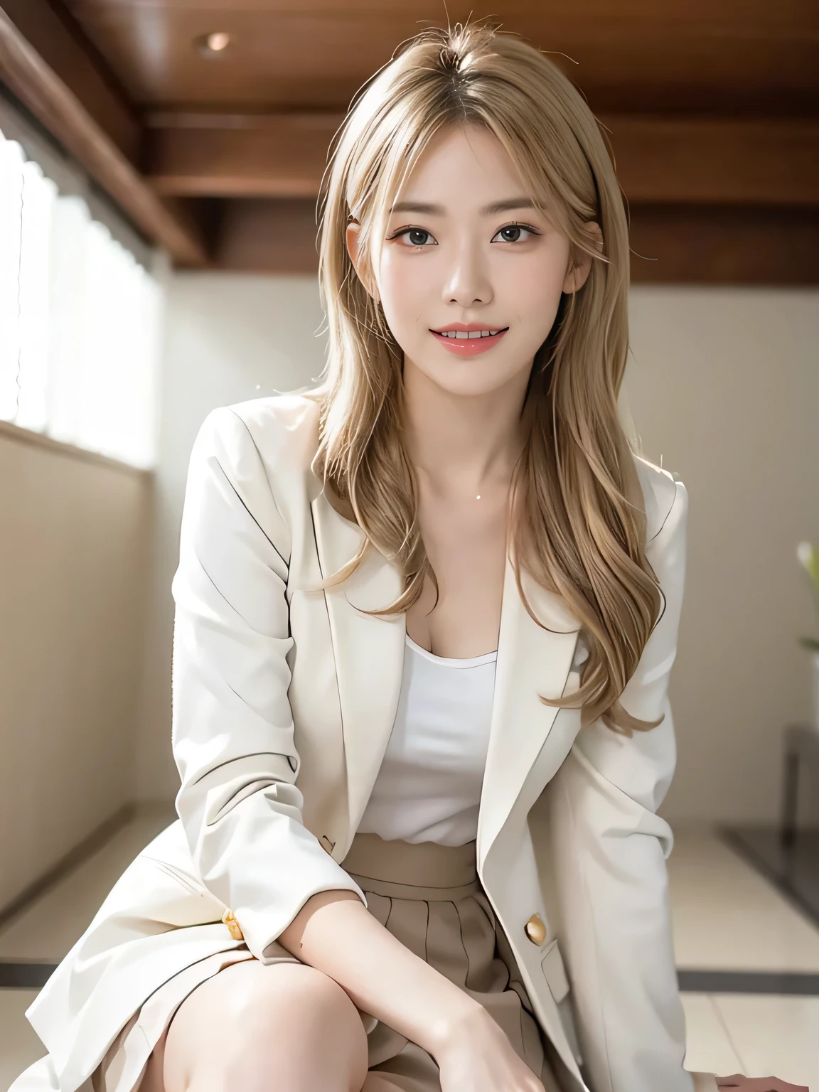 (8,000; Best Quality: 1.2), (Realistic, Realistic: 1.2), Lovely, Solo, Sky is Beautiful and Clear, Night, Moisture, Watching the Audience, (Sit: 1.6) Date, Mirai, (Nose Brush), (Smile: 1.15), Delicate eye (Deep Blonde: 1), Floating Hair Nova FrogStyle, White Suit Jacket, Burton T-shirt, Beige Pleats Skirt, Makeup, Lover's Smile, 40 years old, Beautiful (8,000, Yes, RAW Photo: 1.2, Random body orientation,