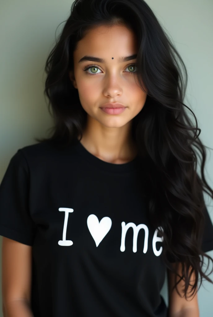 A very beautiful girl with bright green eyes and long black hair wearing a black t-shirt with white text that says " I ❤️ me"
