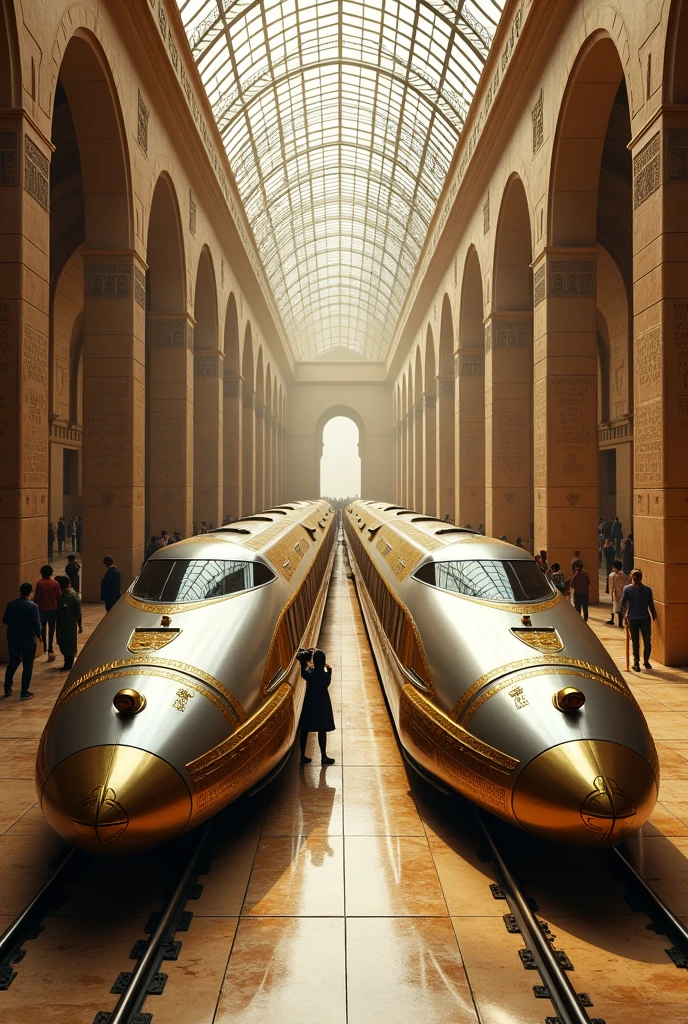 ancient Egyptian train station with ancient Egyptian inspired steampunk trains, solarpunk, daylight, glass