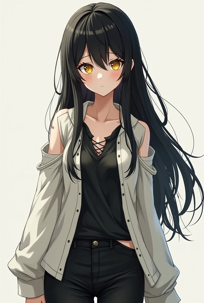 anime girl with black hair and yellow eyes with a white pupil, a torn white tunic with a black blouse and black pants