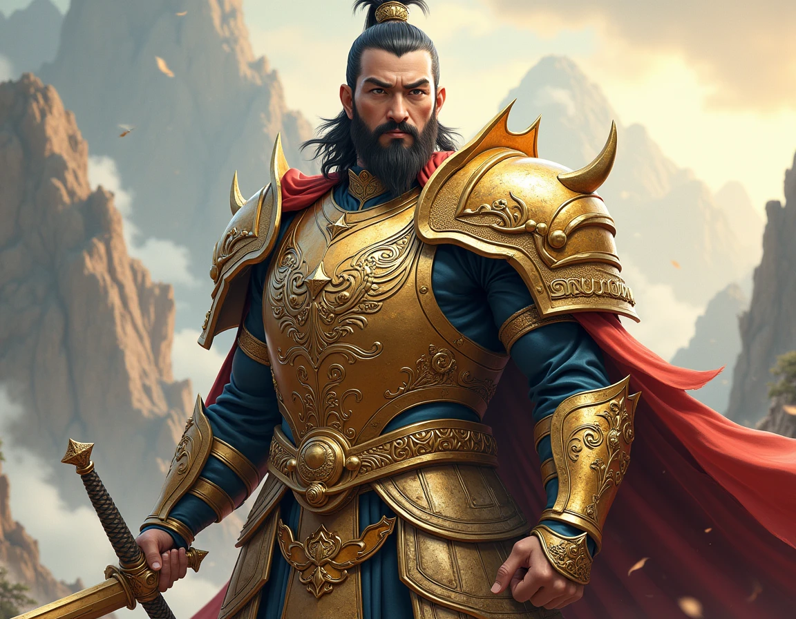A asian man in a cool armor full armor of gold and platinum, sward