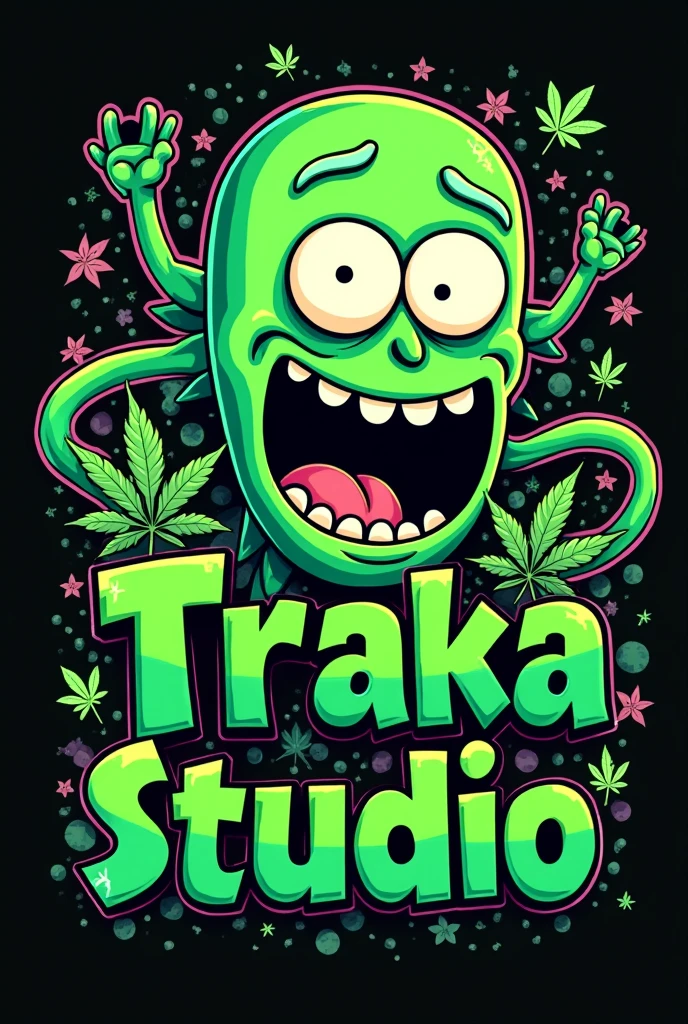 GENERATE A LOGO FOR AN URBAN T-SHIRT BRAND NAMED Traka Studio, MORE COLORFUL WITH A CARICATURE IMAGE ALLUDING TO RICK AND MORTY THAT HAS THE COLOR GREEN AND THE NAME ALSO ALLUDES TO GHOSTS. AND ALSO HAVE SOME REFERENCE TO GRAVITY FALLS WITH THE RICK AND MORTY FONT AND HAS A PSYCHEDELIC AND MARIJUANA TOUCH.