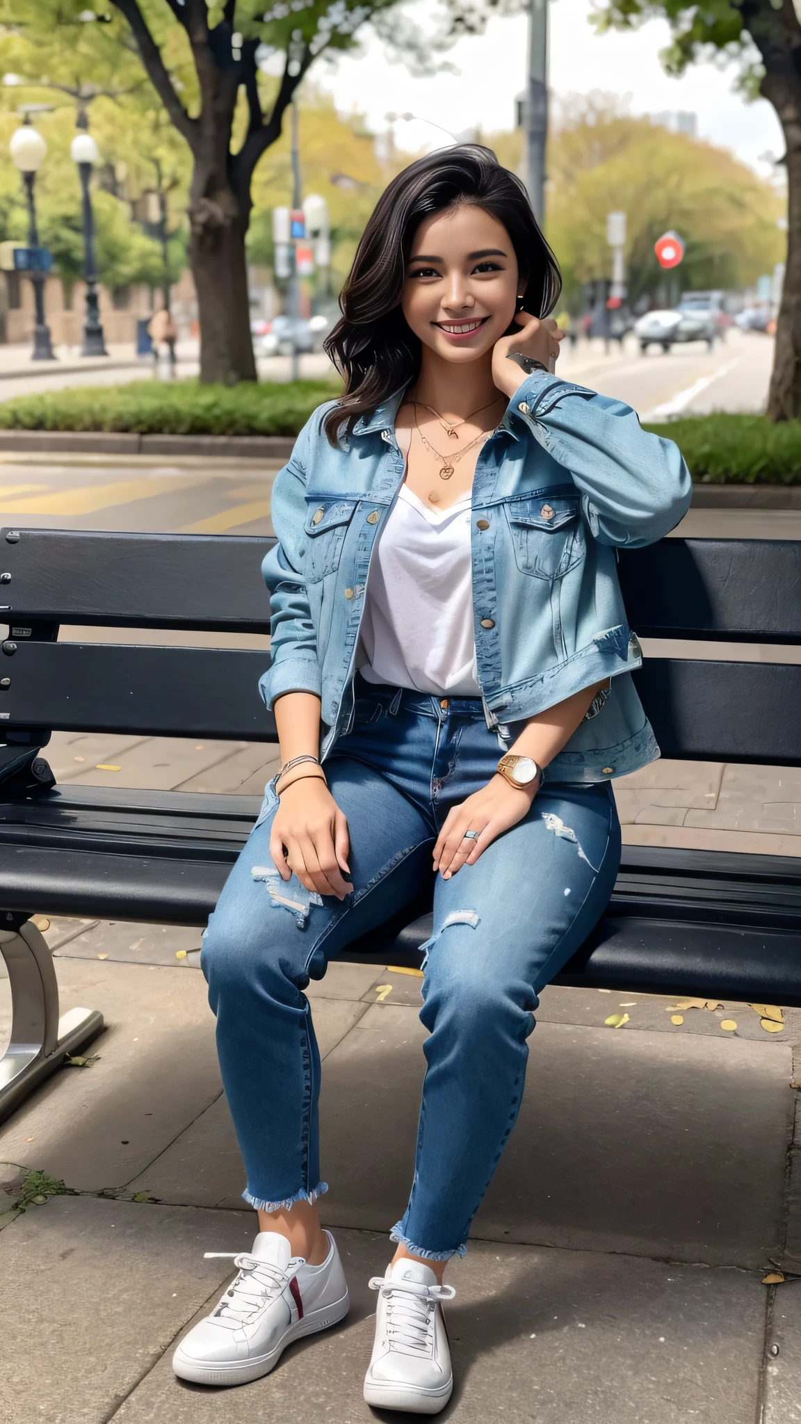 Super Resolution、Clear Spanish woman、Full body photo、sitting on a park bench、、Short Haircut、Wavy Hair、Ear piercing、、necklace、Denim jacket、shirt、Skinny jeans、sneakers、I'm wearing black socks.、smile、Beautiful teeth alignment