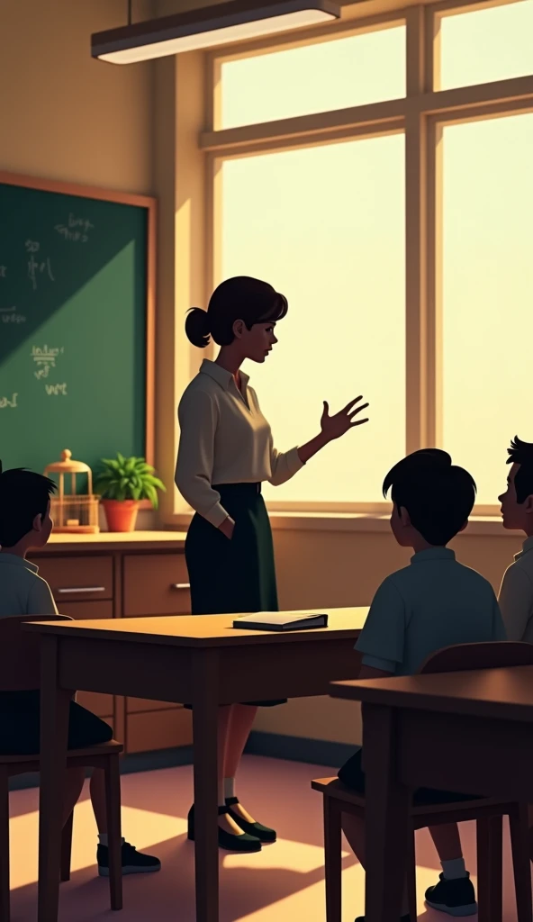 1990s elementary school classroom scene,A silhouette of a teacher,she is lecturing to the children on the blackboard。you can also see the figures of children listening attentively。In the background is a bright classroom,desks and chairs are basic
