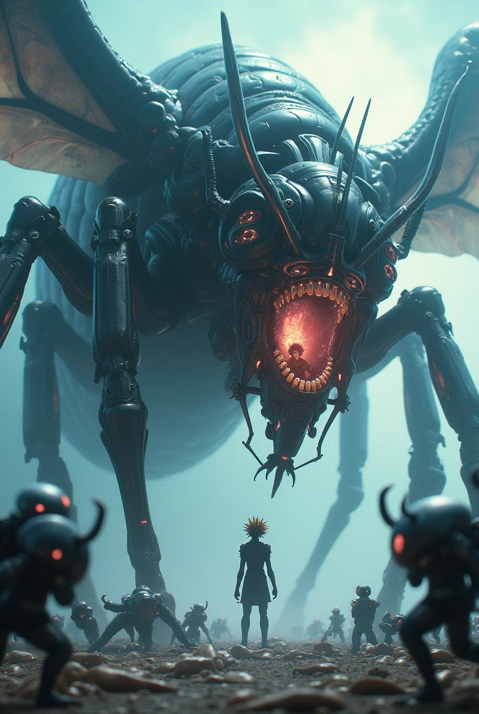 A giant mystical Kikaichū with many small Kikaichū around it, Yugi Muto, from his mouth 