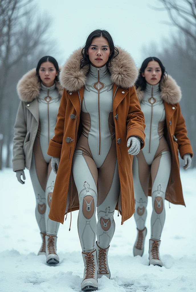 Make a group of people with a white and brown superhero suit and a brown fur coat. , winter environment 