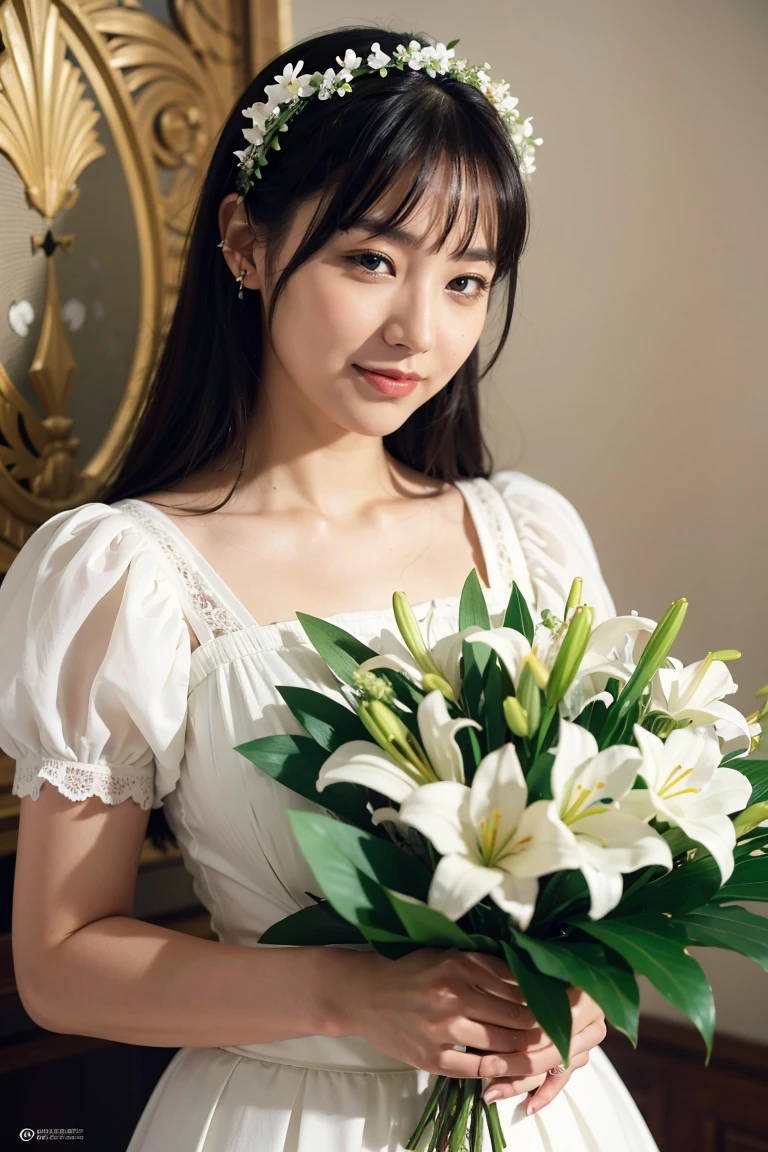 Medium Size Display, Medium Shot, Written boundary depth, bust, Upper Body, Movie angle, masterpiece, Highest quality, Very detailed, CG, 8k wallpaper, Beautiful Face, Delicate eyes, Otome, alone, smile, bangs, skirt, Formal blouse, Bouquet of lilies