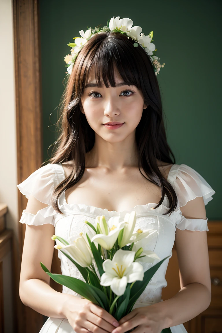 Medium Size Display, Medium Shot, Written boundary depth, bust, Upper Body, Movie angle, masterpiece, Highest quality, Very detailed, CG, 8k wallpaper, Beautiful Face, Delicate eyes, Otome, alone, smile, bangs, skirt, Formal blouse, Bouquet of lilies