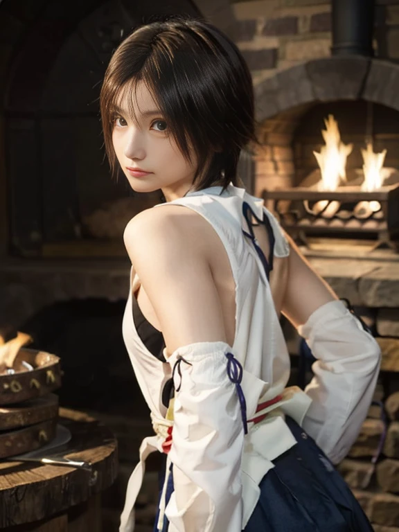 20 year old Japanese beauty，One person、Muscular body like a bodybuilder、Emphasize the breasts、Slit eyes、A head-to-toe view，Bust is very very large、The background is a medieval European kitchen、High quality photos、Clear, crisp images of the lower body、Masterpiece 8k、Ecstatic face、Baking pizza in a wood-fired oven、From the front, from the side, from the back, etc.々from what camera angle to shoot、FF10 Yuna's outfit