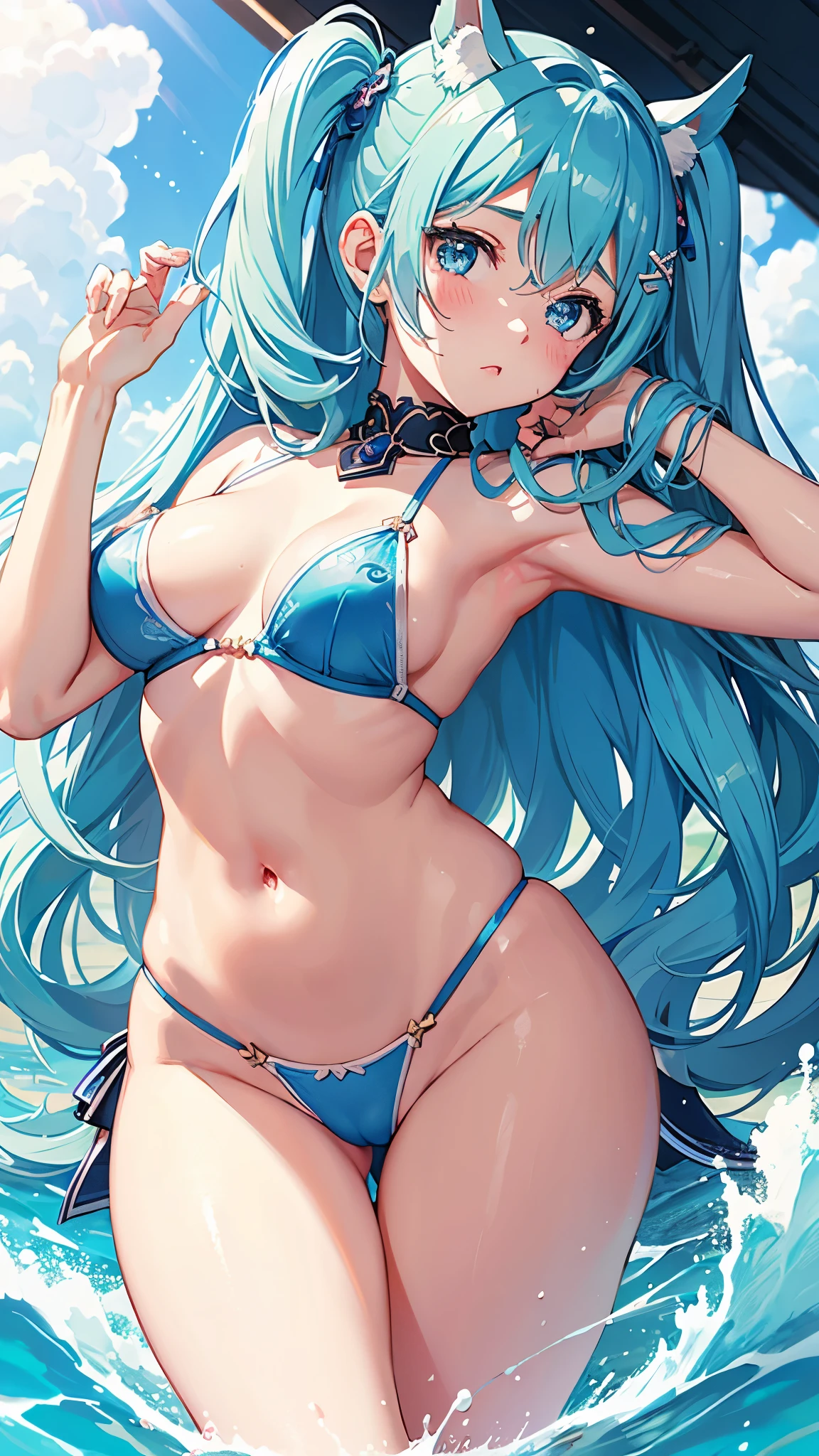 Highest quality、Delicate、high school girl、Light blue hair、Sparkling eyes、Light blue eyes、Twin tails、spiral curls、Beautiful river、Slightly backlit、Very revealing、small square bikini、Ruffled collar、glossy sky blue gloves、Big thighs、Shoulders bare、Belly button、Cleavage、small breasts、Nipples erect、Sexy pose、looking at the camera、Red cheeks、Embarrassed expression、Sweat a lot、Belly button、