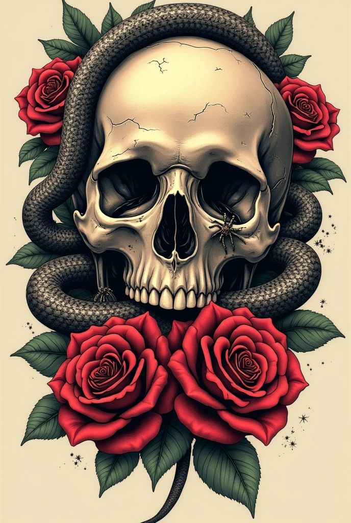 A skull with a snake inside with roses and a spider coming out of the eye tattoo style