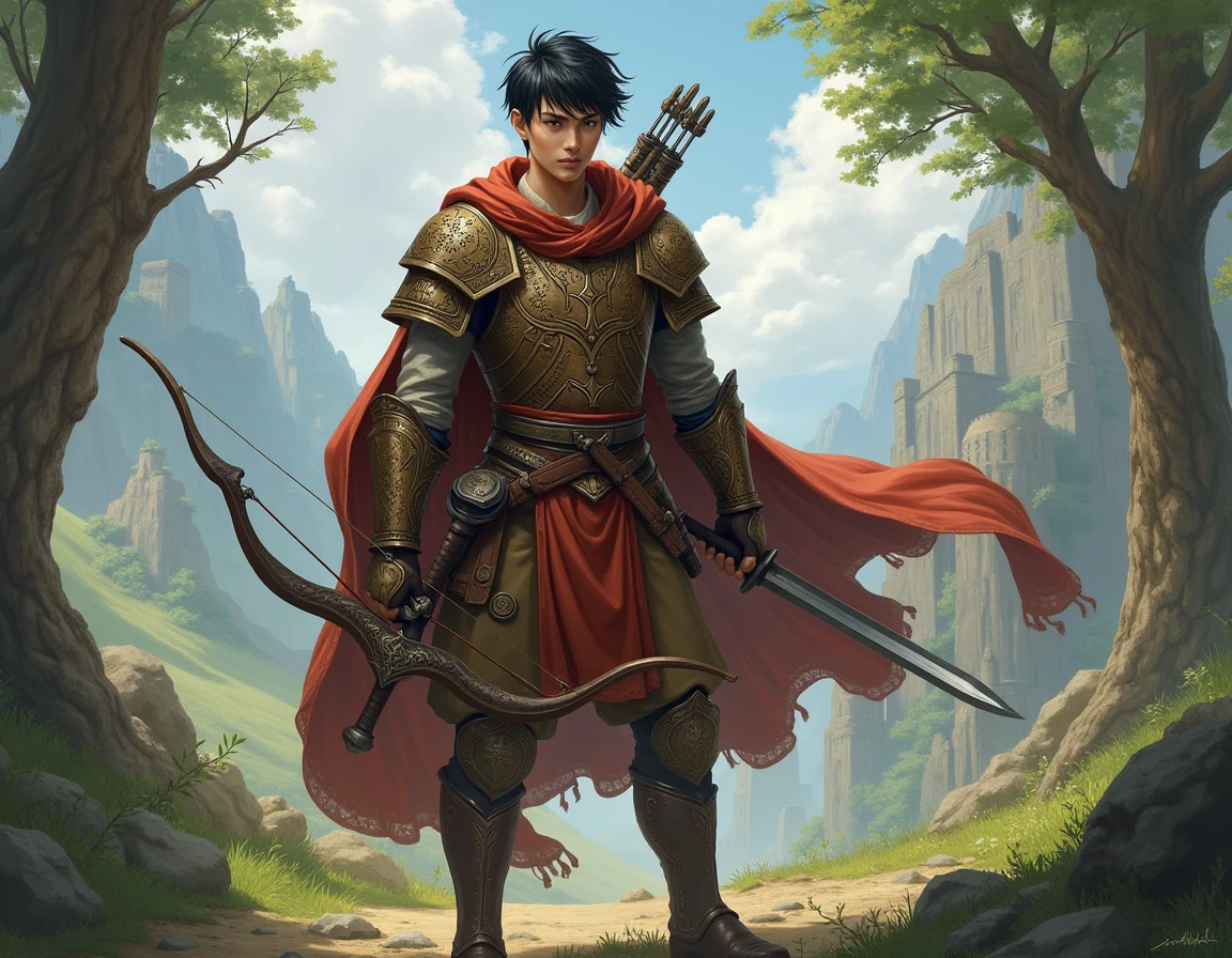 asian male paladin, of an RPG with leather armor a light shield, short sword, long sword and a short bow