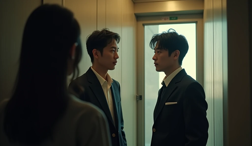 behind the shoulder of a black-haired woman, two Korean men are seen talking to each other, in the elevator, daylight, cinematic style, real photo,