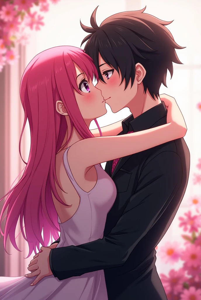 A fair-skinned girl with long hot pink hair, black tips and bangs, kissing a boy with black hair and a hot pink streak. , anime style
