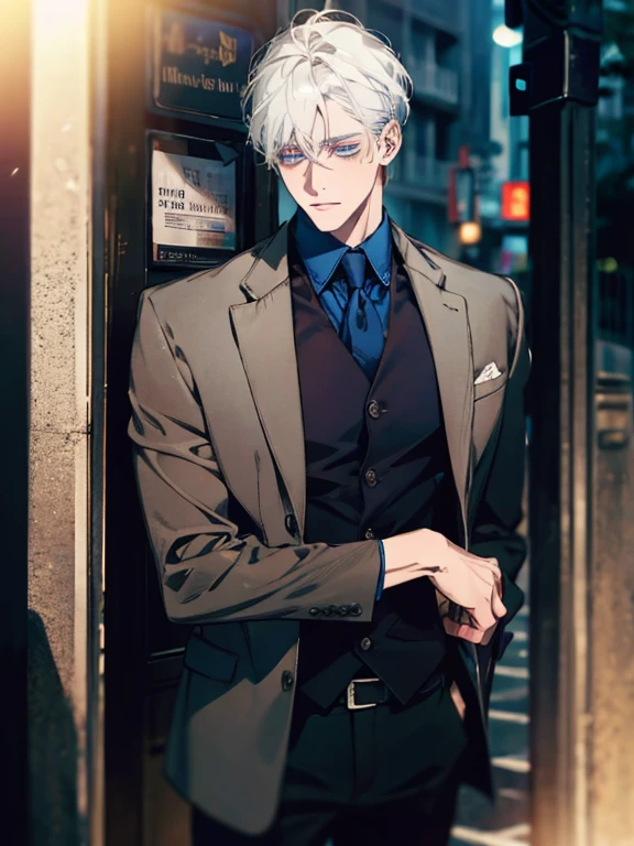 Night time , at a bus stop , spooky lighting ,  lit only by street light , spooky glow , moody scene , reflections, wearing Fall clothing , (masterpiece, best quality )detailed, 1Character , blue archive art style ,  pastel washed out colors , cell shade , soft, muted shades ,gentle colors , Handsome man , White hair , very Short hair, ((crew cut hair style:1 )) , Blue eyes , light skin , ((muscular:1)),masculine ,age 28,