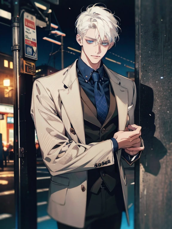 Night time , at a bus stop , spooky lighting ,  lit only by street light , spooky glow , moody scene , reflections, wearing Fall clothing , (masterpiece, best quality )detailed, 1Character , blue archive art style ,  pastel washed out colors , cell shade , soft, muted shades ,gentle colors , Handsome man , White hair , very Short hair, ((crew cut hair style:1 )) , Blue eyes , light skin , ((muscular:1)),masculine ,age 28,