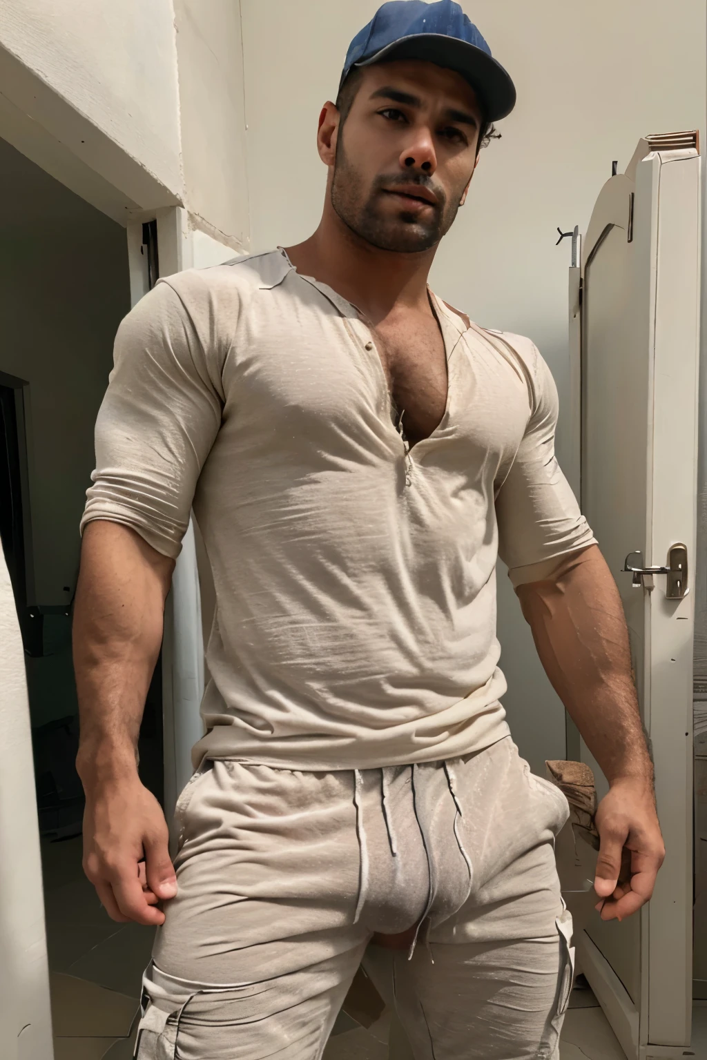 A realistic Brazilian virile man with a large penis showing through his work oants. Shirtless man. Normal hairy body. Brazilian construction worker. Normal body.