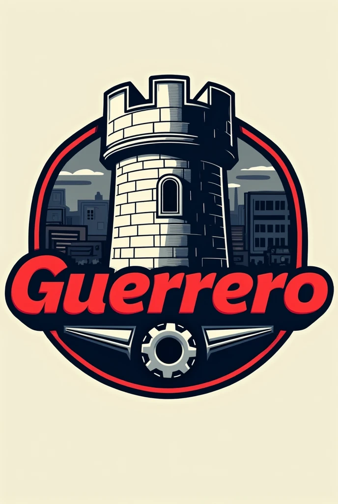 Logo of a mechanic's workshop, with an allusion to a castle, with the name workshop "guerrero" written in spanish.