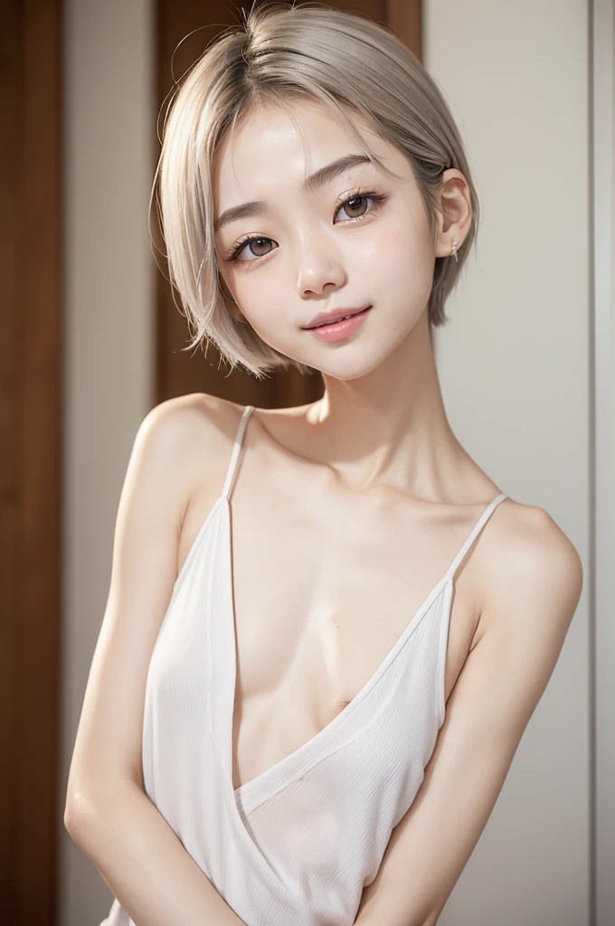armpits,Create a photo of a korean Asian ager,((beautiful cute idol girl:1.5)), silver short hair,10yorow eyes:1.5,slim face,slim neck,((thinbody：1.5)),white tite tanktop,((rasping)),((frat chest)),((clavicle)),((Narrow eyes：1.5))、((Narrow eyes：1.5))、(Thin arms)、(Thin neck)、（Thin lips）、Smile、Beautiful armpits：1.5,Sticking out a long tongue、Open your mouth、Cute expression、Hairless、((slimarms:1.5)),small face:1.4