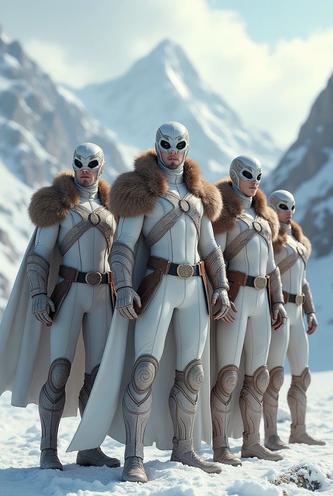Create a group of men and women wearing a white and brown superhero suit and a brown fur coat. , winter environment