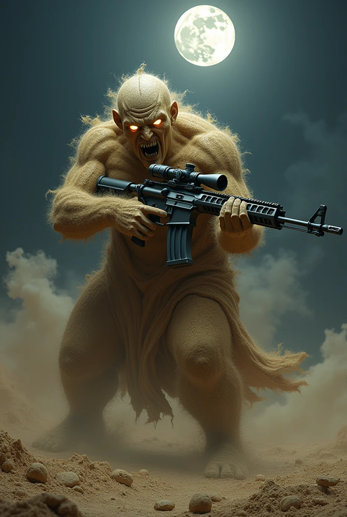 A sandman holding a rifle in anger