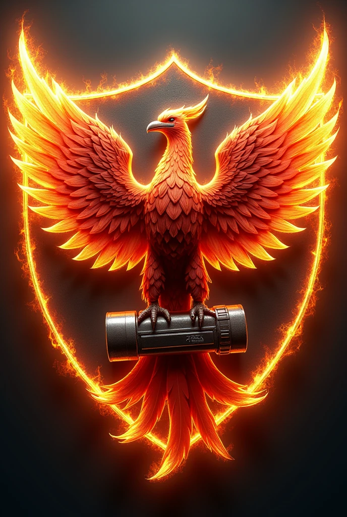 Phoenix logo holding a piston in each of its legs and on a shield with fire