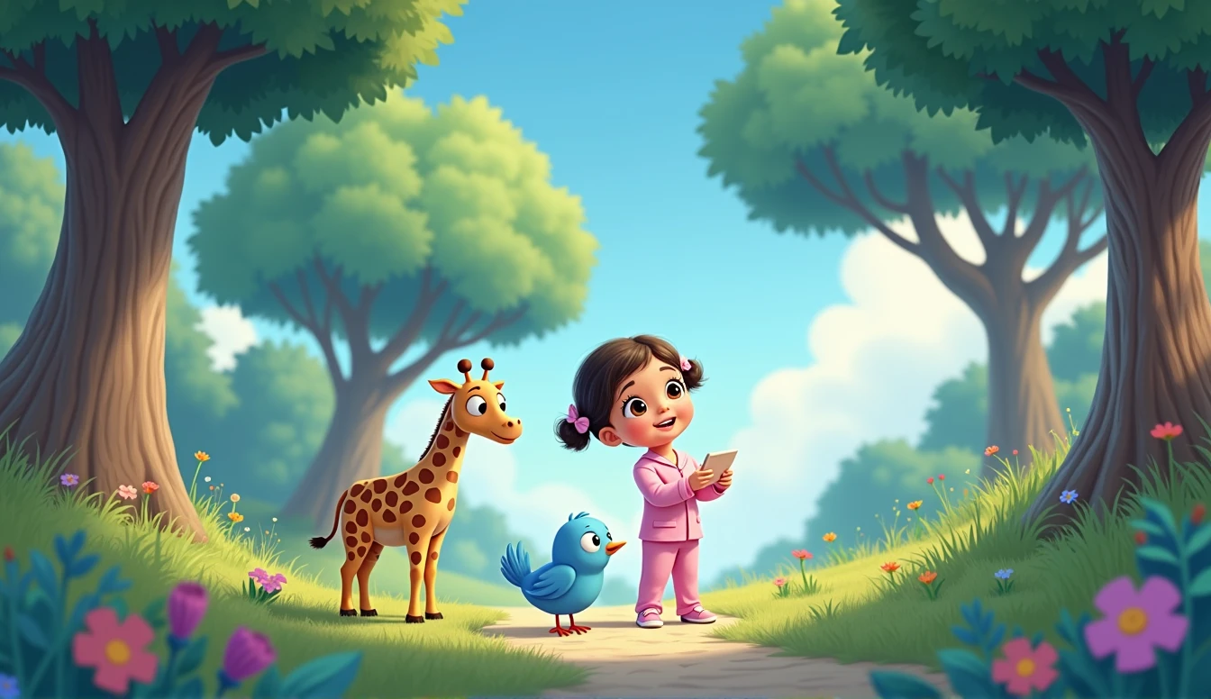 Little cartoon girl in pink pajamas talking to cartoon blue bird, There's a plush giraffe standing nearby