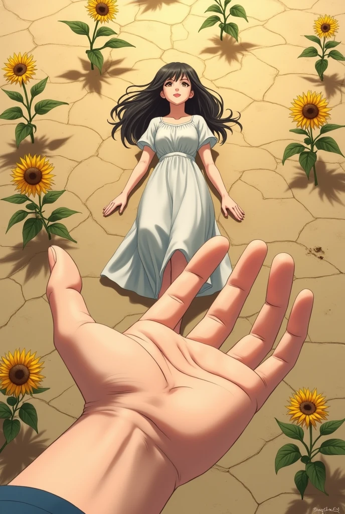 Create a first-person image of a person&#39;s hand lying on the ground trying to reach a woman lying on a dry ground while small sunflowers bloom around her. in anime style