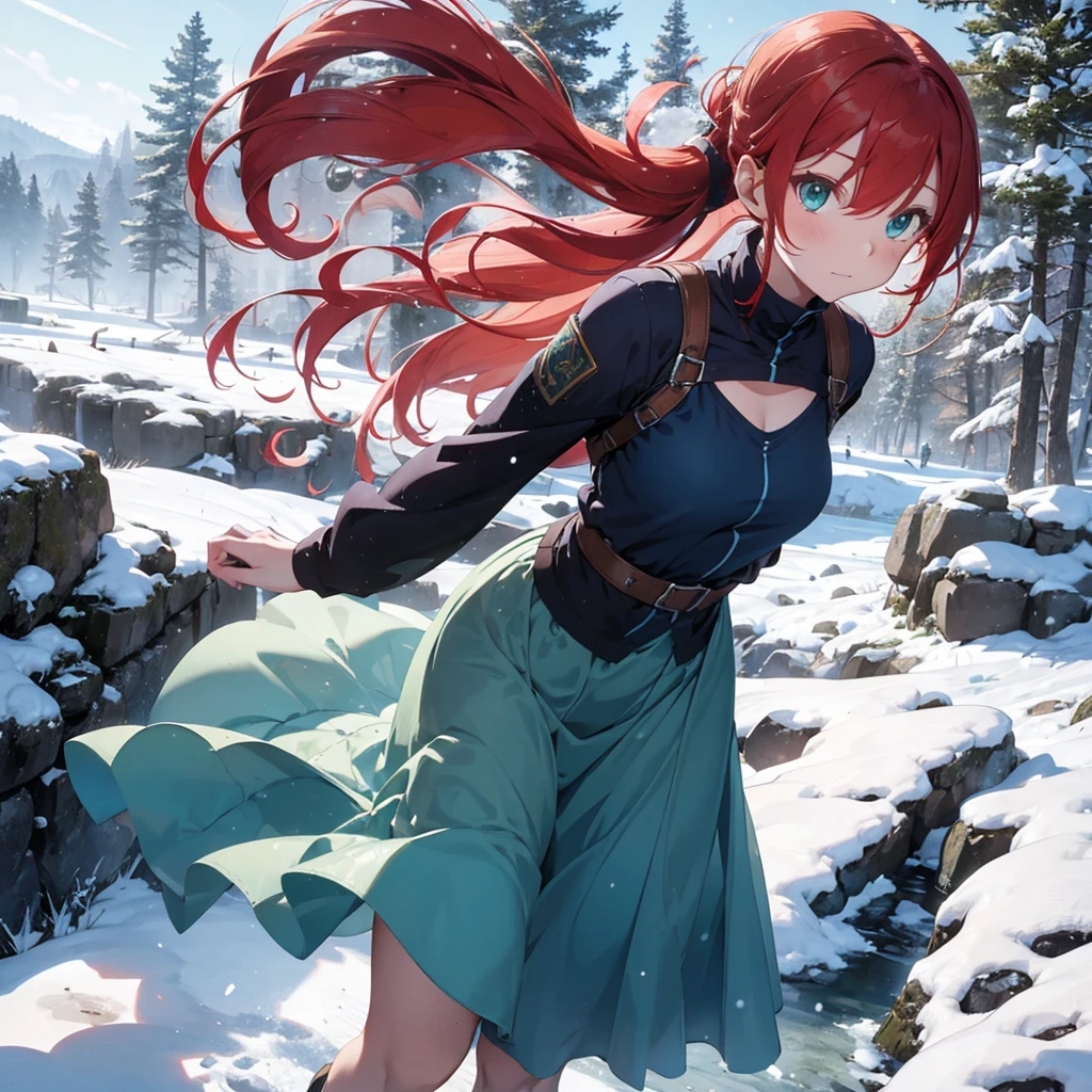 a beautiful young redhead medieval girl warrior in blue armor, light armor, red hair, hair tied in a ponytail, green eyes, slender body, beautiful woman, snowy background, snowy forest in the background, full body , long skirt ,