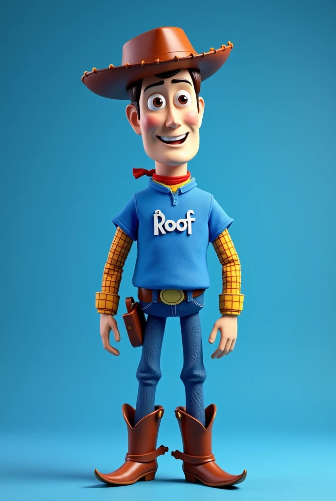 Put a Woody on a blue shirt that says Roof