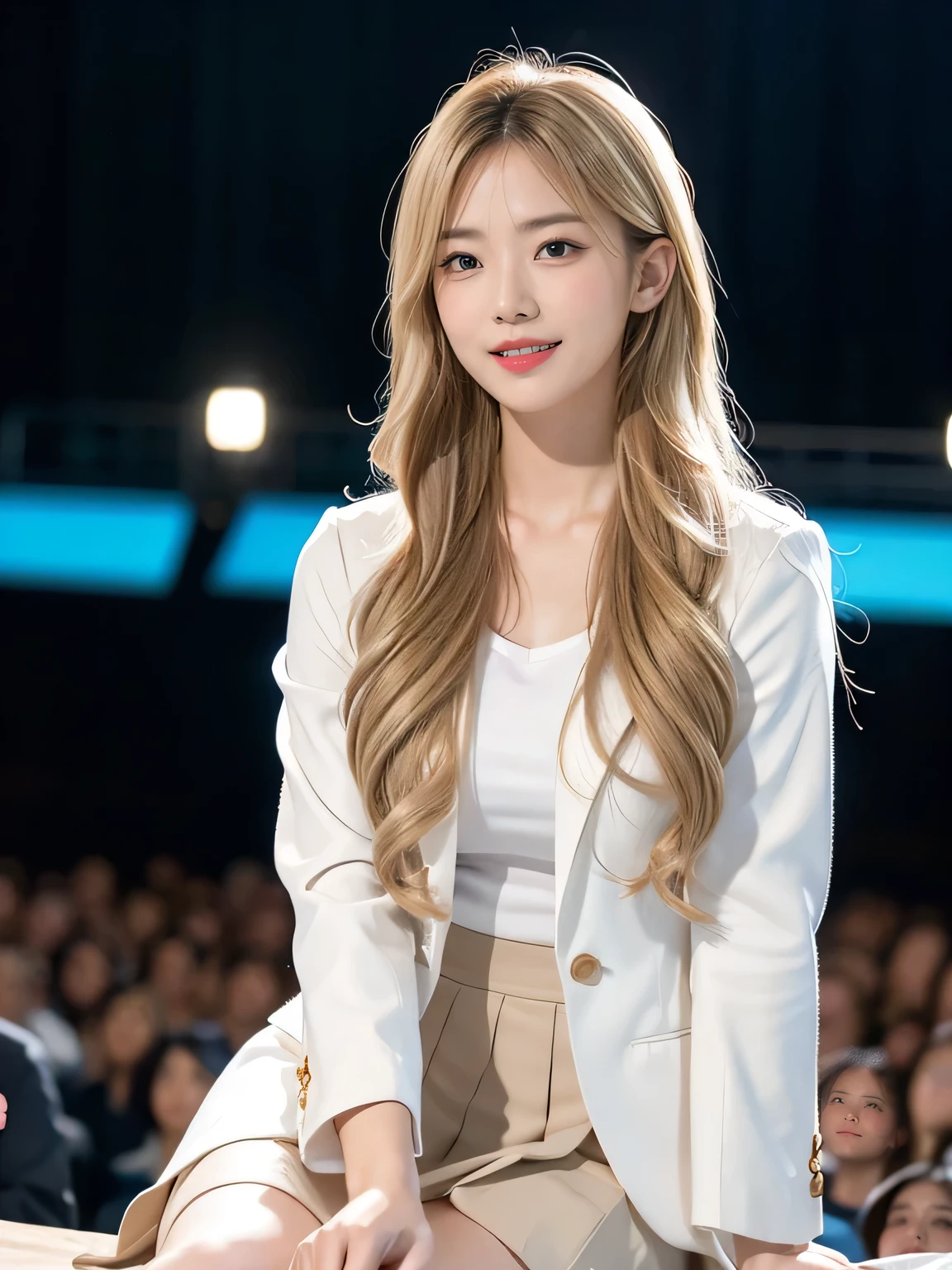 (8,000; Best Quality: 1.2), (Realistic, Realistic: 1.2), Lovely, Solo, Sky is Beautiful and Clear, Night, Moisture, Watching the Audience, (Sit: 1.6) Date, Mirai, (Nose Brush), (Smile: 1.15), Delicate eye (Deep Blonde: 1), Floating Hair Nova FrogStyle, White Suit Jacket, Burton T-shirt, Beige Pleats Skirt, Makeup, Lover's Smile, 40 years old, Beautiful (8,000, Yes, RAW Photo: 1.2, Random body orientation,