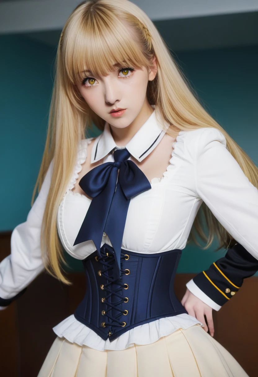 oriana rose, long hair, blonde hair, yellow eyes, drill hair, bangs, blunt bangs,
skirt, jacket, necktie, white skirt, corset,