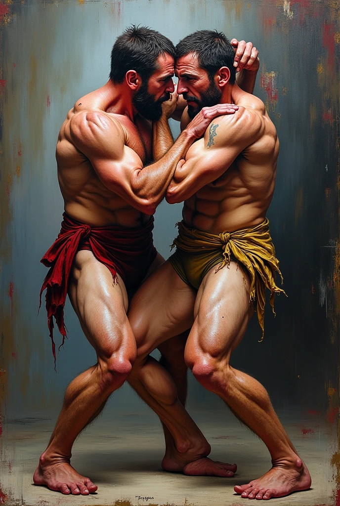 Greco-Roman wrestling painted in the style of Francis Bacon 