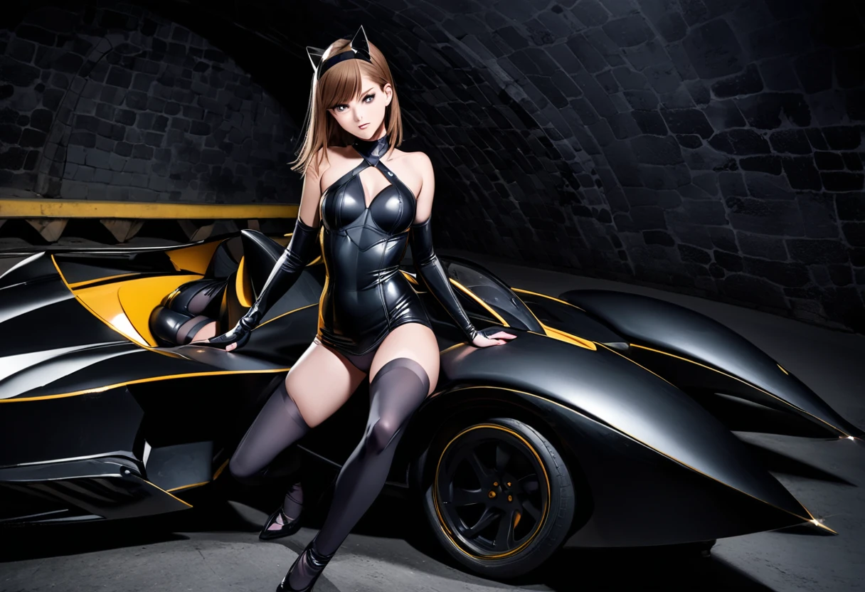 DC's Catwoman (kate Mara, age 25) Draping herself seductively across the Batmobile in the Bat Cave, Glamour photographs, low angle