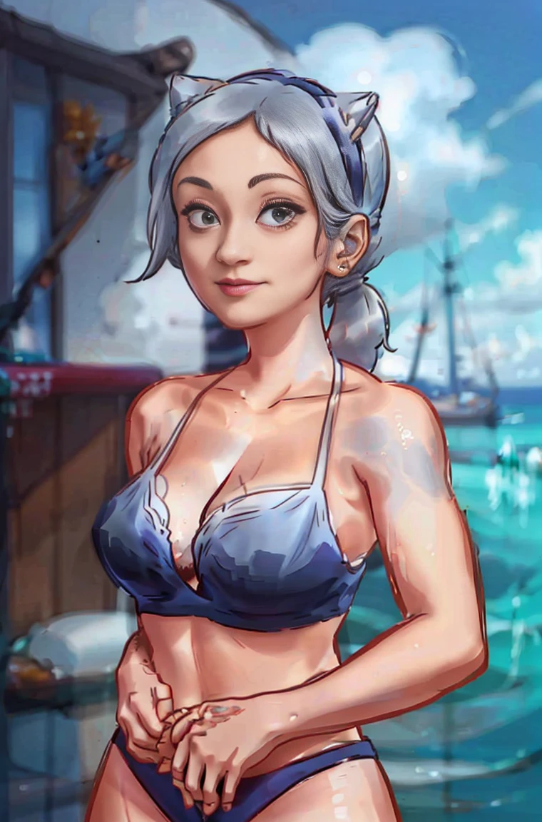 Beautiful, master part, best quality, HiqcgCorpo, アニメ, 1girl, medium, bikini, red swimsuit, portrait photos, see viewer, partially submerged,Austral, ((silver-haired)),(Cat's ears),pony-tail,skin wet, details Intricate,>,(((inked)