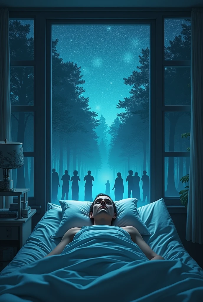 Dream-like image of a 47-year-old man in a very serious condition and in a coma due to COVID 19 and is in intensive care. He is lying on a bed that is very close to an infinite glass door that divides the forest. It's night and there are stars, In the forest there is a group of human silhouettes like holograms and they are kneeling praying and looking at the night sky from left to right