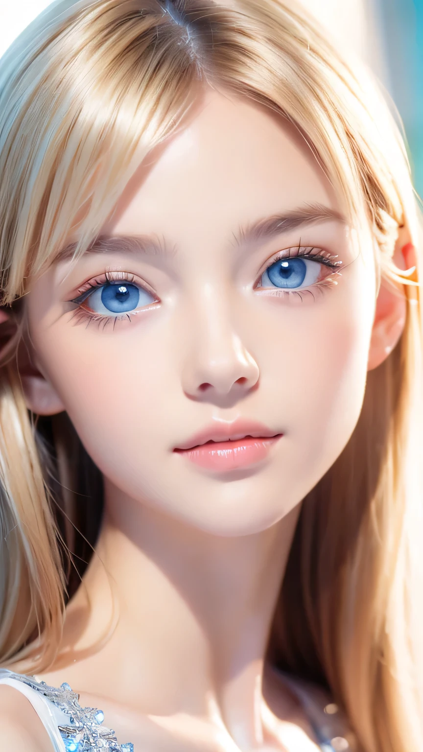 Incredibly bright, white, glossy, beautiful skin、Blonde hair color that changes with reflected light、Bangs between the eyes blocking the view、Glossy highlight on cheeks、sexy, very beautiful, lovely, cute, gorgeous face、The most beautiful face in the world、A beautiful girl、Super long blonde hair、smooth, straight hair、Big Breasts, Sparkling bright sky blue eyes、Beautiful bangs、Small Face Beauty、Round face、Very beautiful appearance