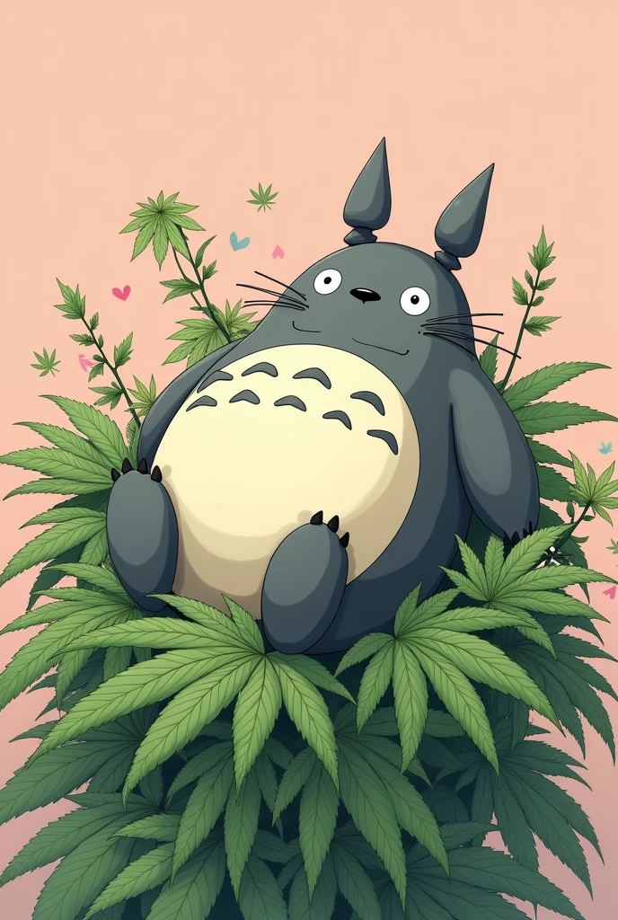 Totoro on top of a marijuana plant smoking with pink and feminine details around 