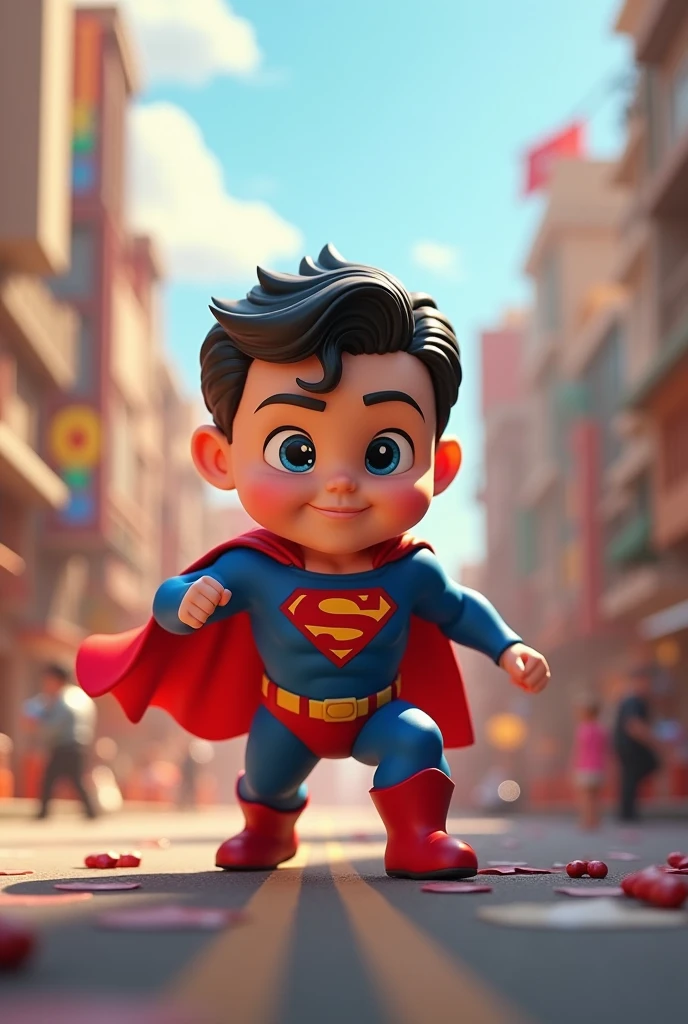 can you generate a 3D animated image of Baby Superman fighting with a tiny costume and an engaging background.