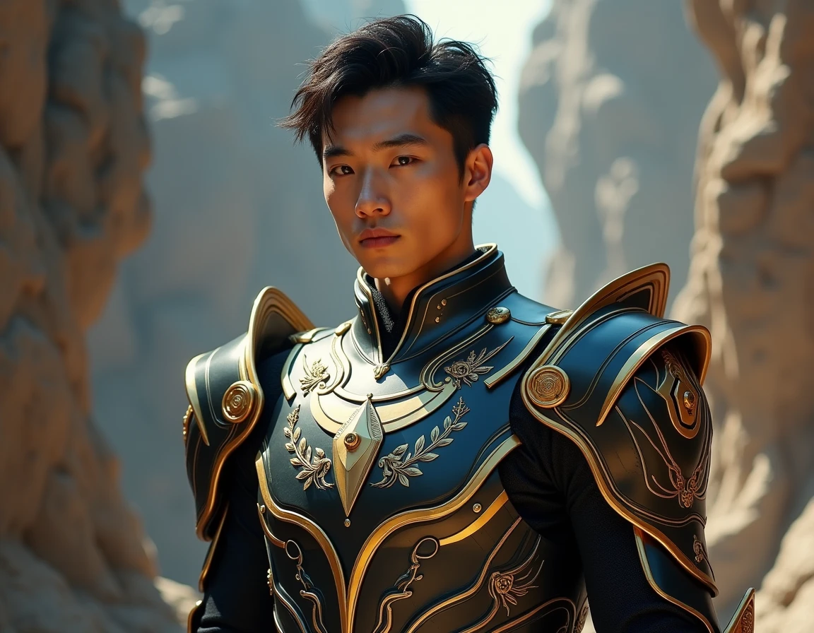 A young handsome asian man in a cool armor full armor of gold and platinum