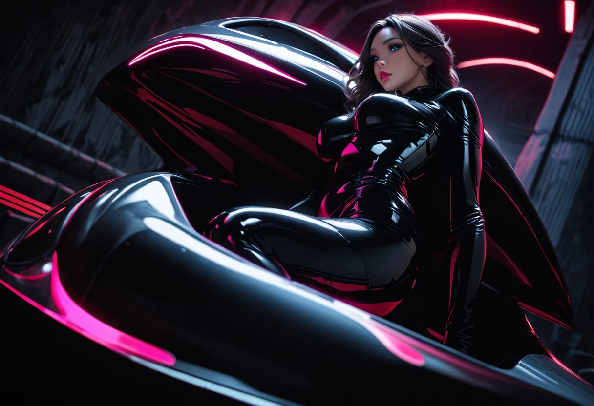 a woman in a black catsuit, dramatic long eyelashes, glossy lips, beautiful detailed eyes, extremely detailed face, voluptuous figure, gracefully draped over the Batmobile, in the dark moody Batcave, glamorous fashion photography, low angle shot, cinematic lighting, high contrast, vivid colors, photorealistic, 8k, best quality, masterpiece